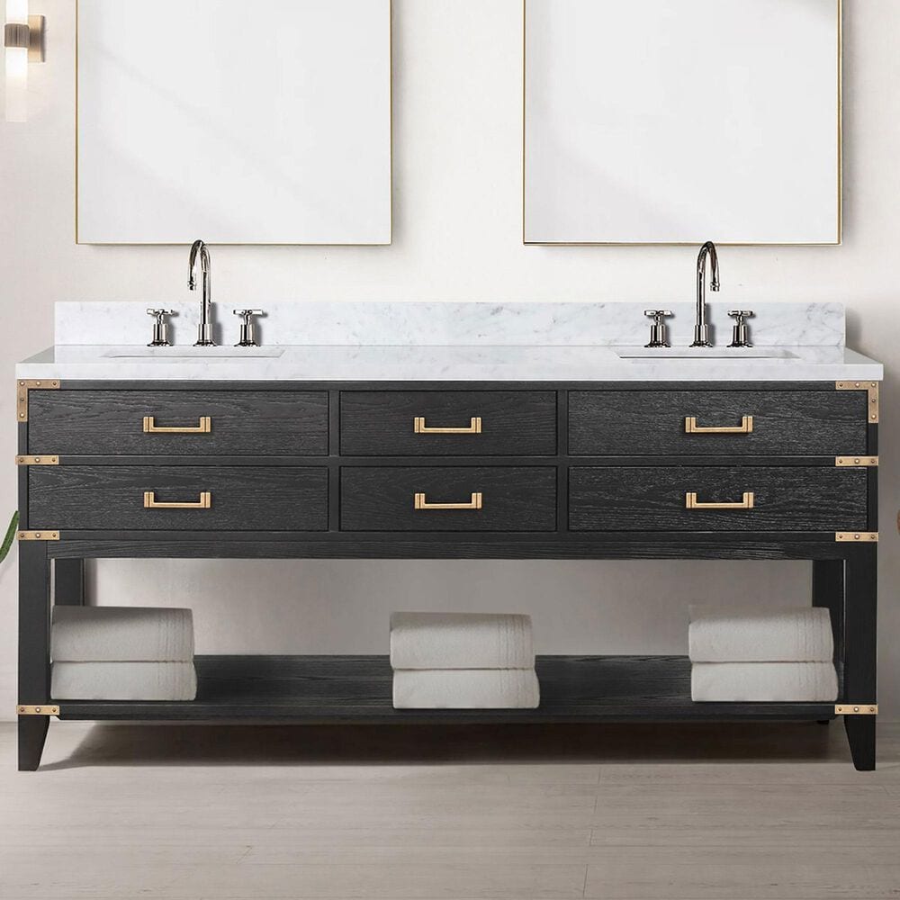 Lexora Home Norwalk 72" Double Bathroom Vanity in Black Oak with White Carrara Marble Top and Rectangular Sinks, , large