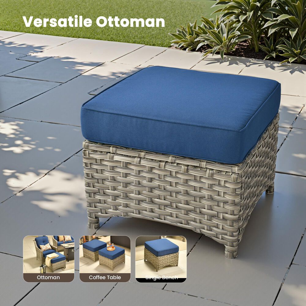 HOMLUX 2-Piece Outdoor Wicker Ottoman Set with Cushion in Navy Blue, , large