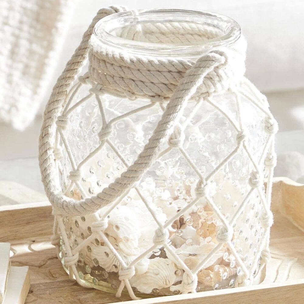 Maple and Jade Round Decorative Indoor/Outdoor Candle Lantern with Rope Handle in Clear and Cream, , large