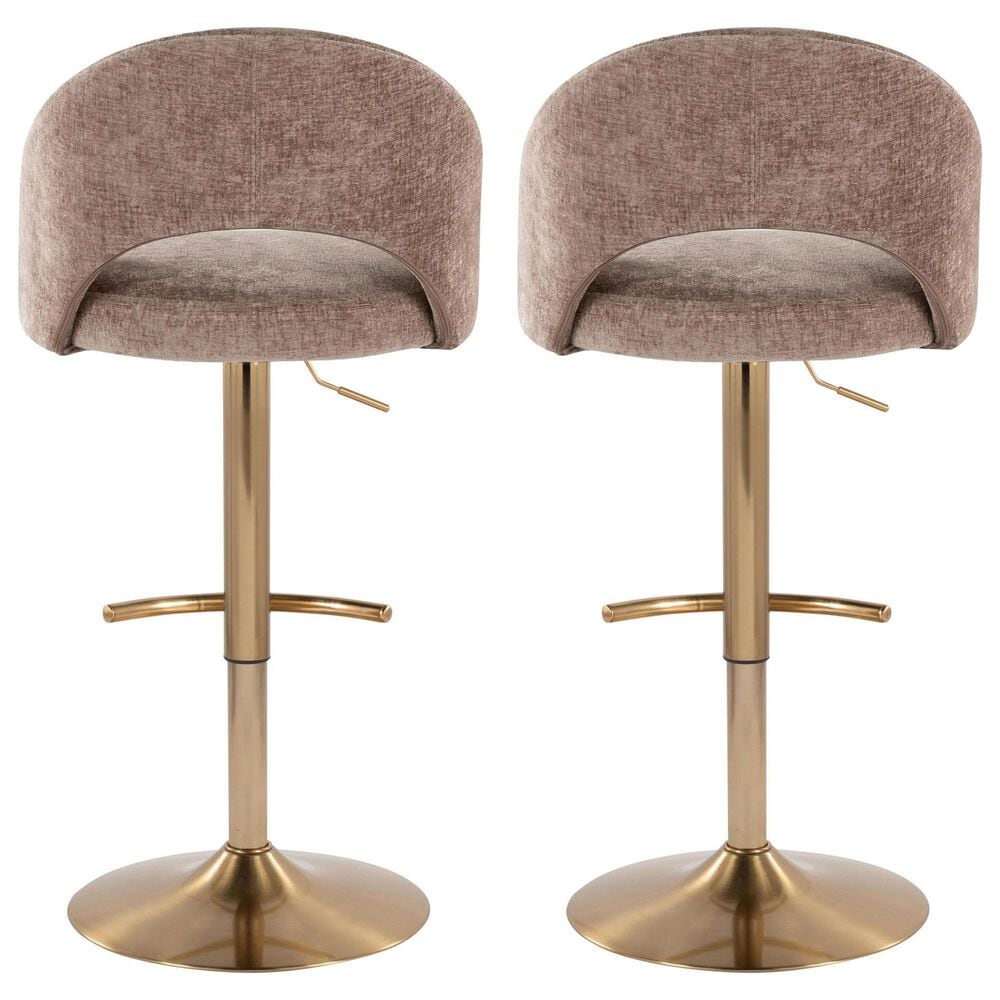 LumiSource Renee Adjustable Swivel Bar Stool with Brown Fabric Upholstery in Gold (Set of 2), , large