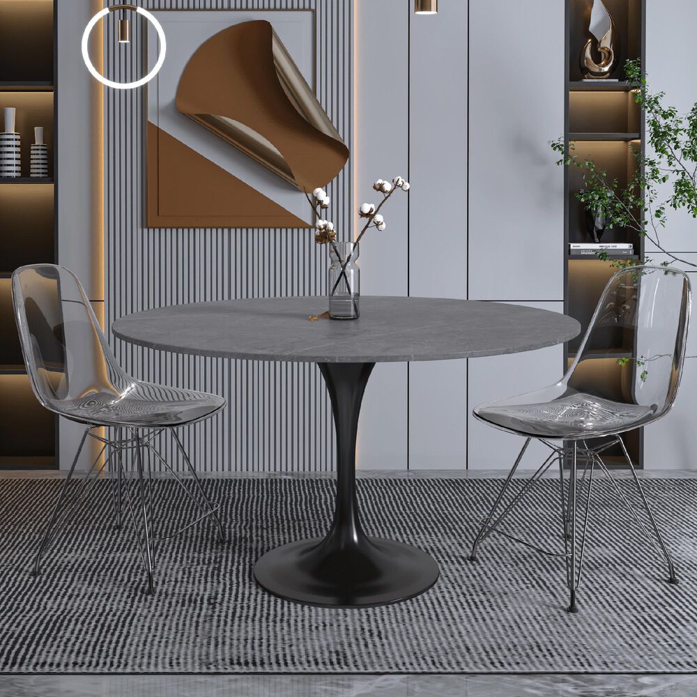 Leisuremod LeisureMod Verve Collection 48 Round Dining Table, Black Base with Sintered Stone Grey Top, , large