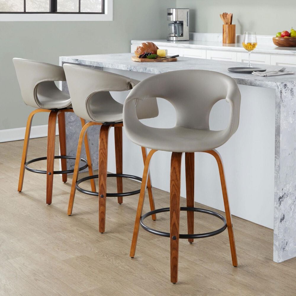 LumiSource Curva 26" Swivel Counter Stool with Light Grey Upholstery in Walnut and Black (Set of 2), , large