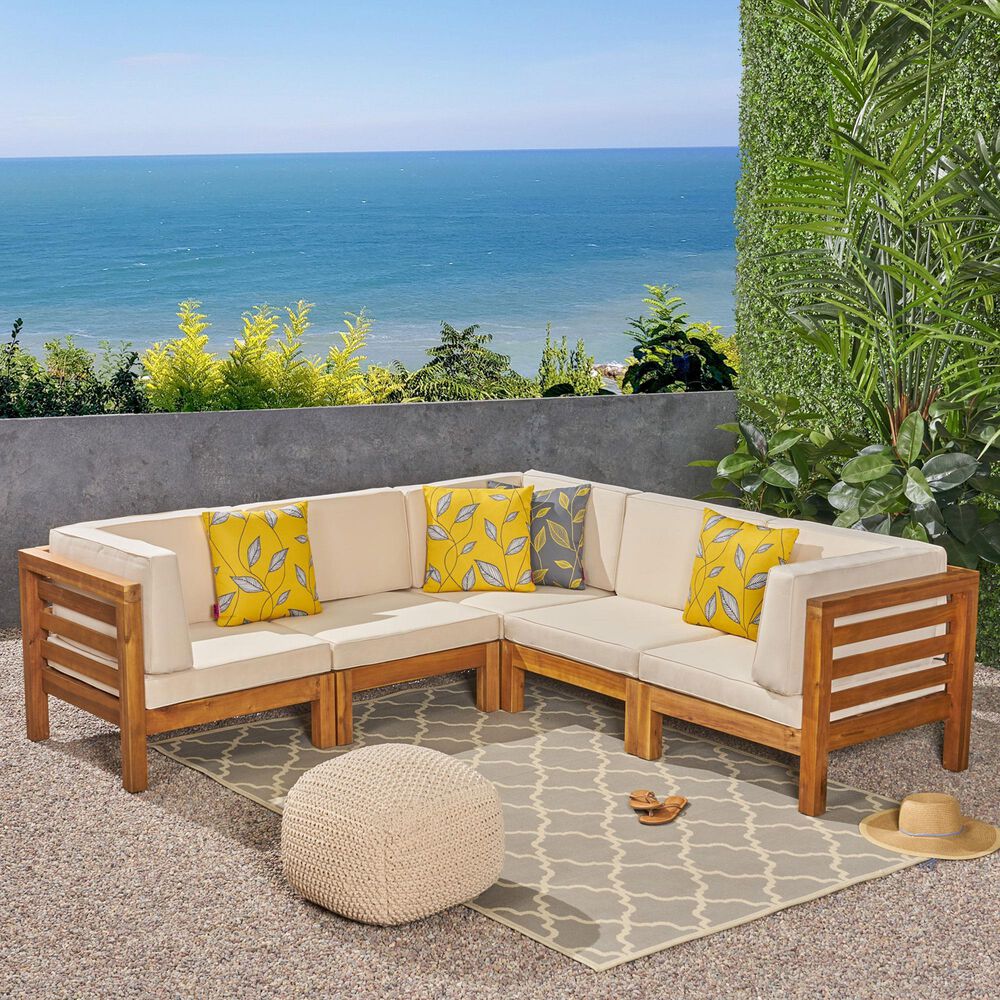 Noble House Kaena 5-Piece Stationary Patio L-Shaped Sectional Sofa Set in Beige, , large