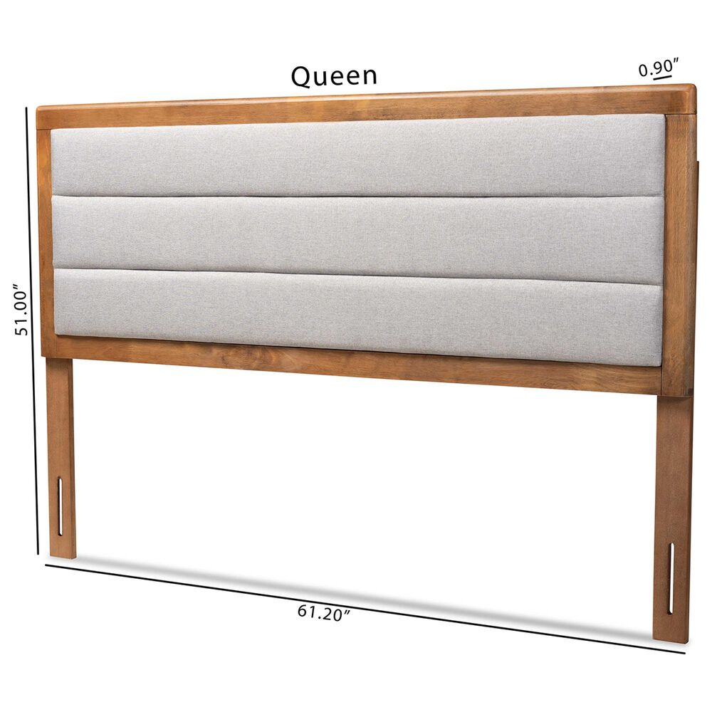 Baxton Studio Dexter King Panel Headboard with Light Grey Fabric in Walnut Brown, , large
