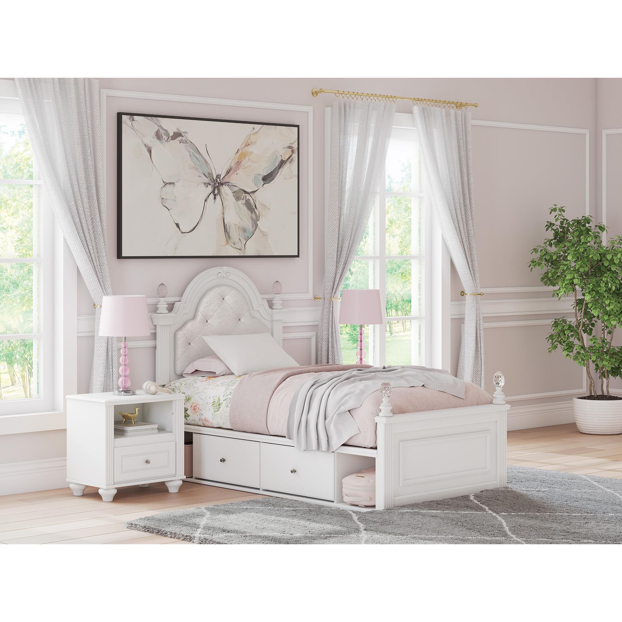Ashley Kozlani Twin Upholstered Storage Bed in Matte White