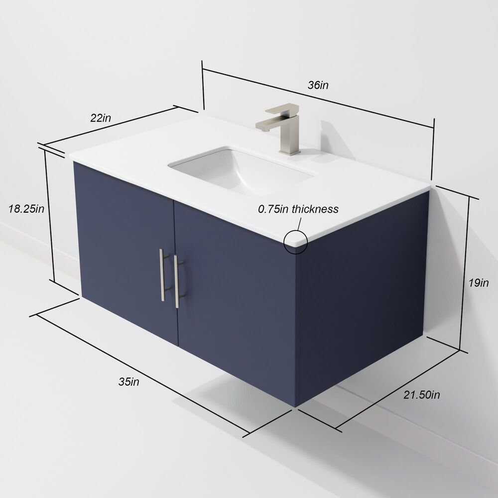 Lexora Home Geneva 36" Single Bathroom Vanity in Navy Blue with 2 cm White Cultured Marble Top and Rectangular Sink, , large