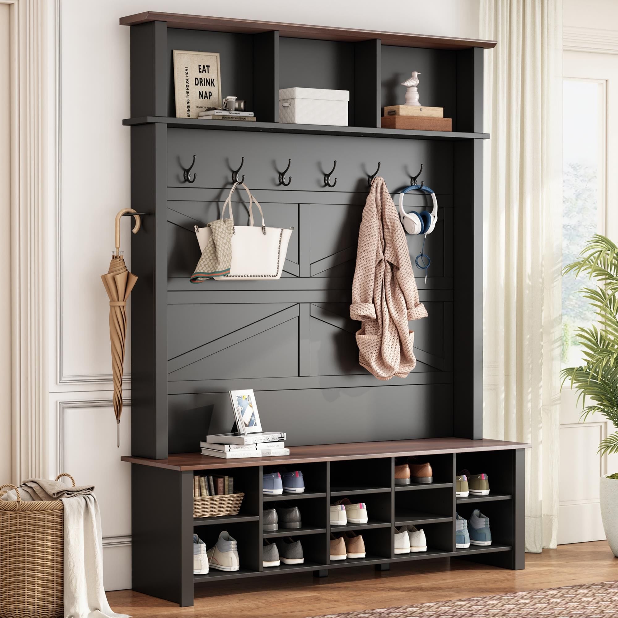 HOMLUX 6-Hook Hall Tree with 16-Compartment in Black and Walnut