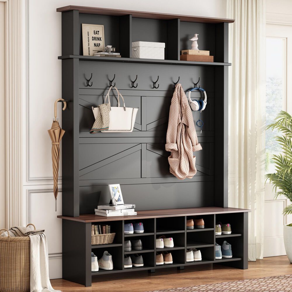 HOMLUX 6-Hook Hall Tree with 16-Compartment in Black and Walnut, , large
