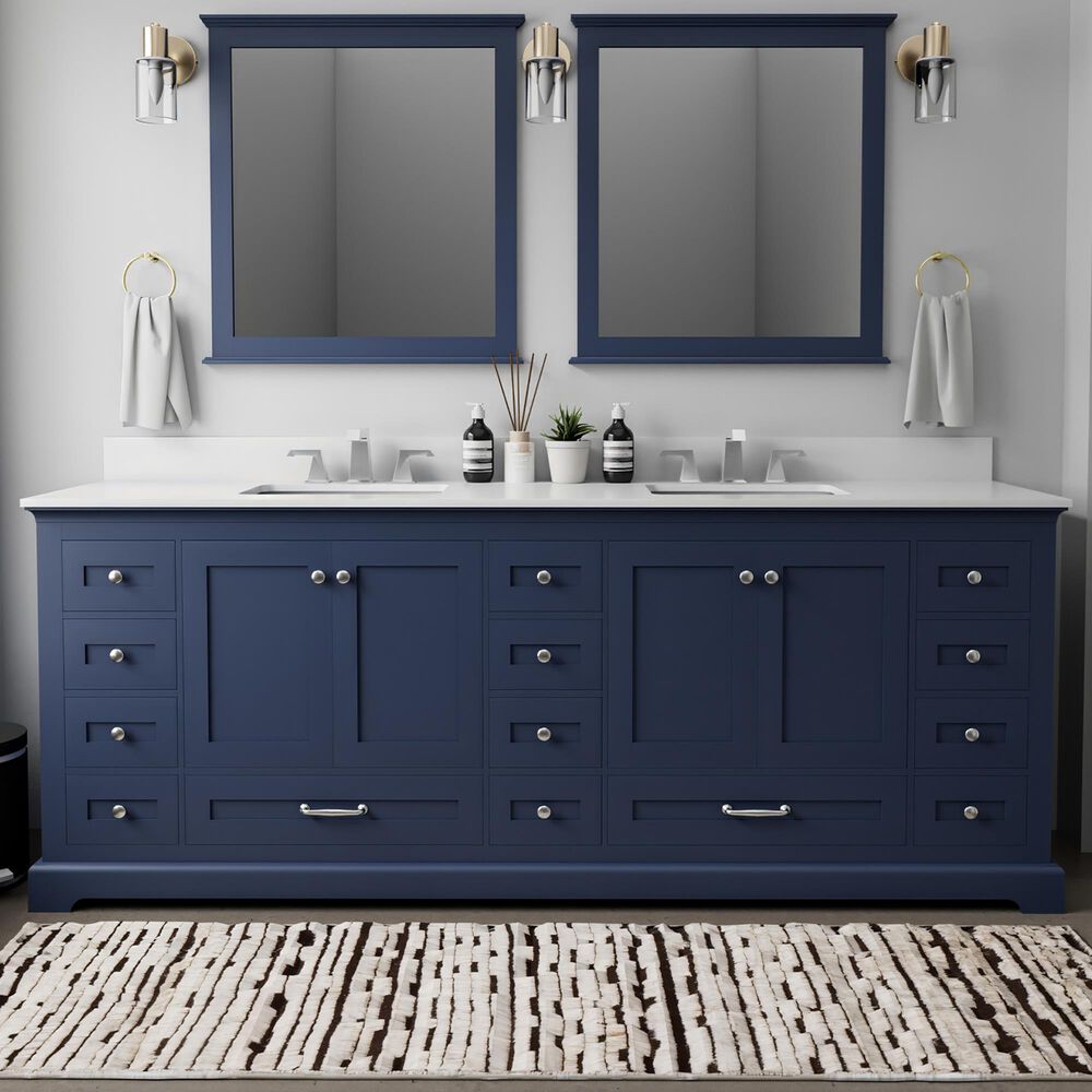 Lexora Home Dukes 84" Double Bathroom Vanity in Navy Blue with 2 cm White Cultured Marble Top and Rectangular Sinks, , large