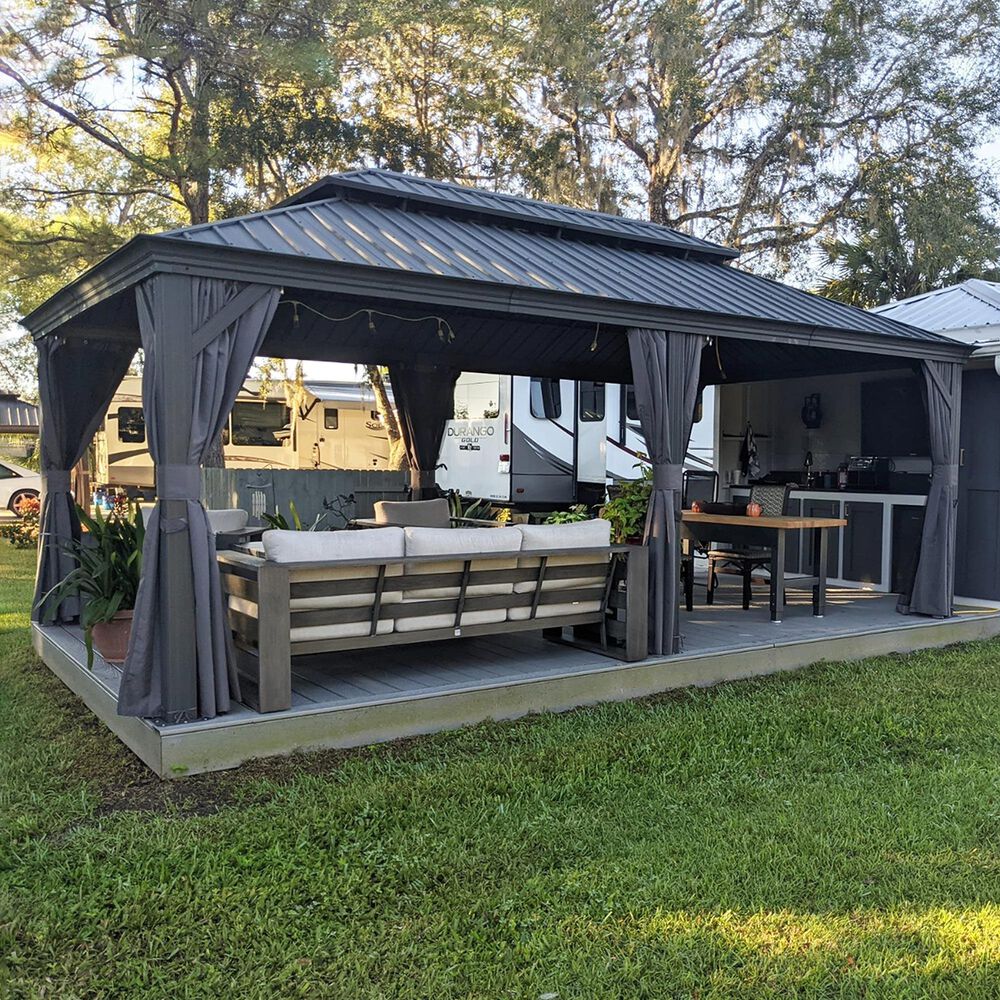 HOMLUX 20-ft x 12-ft Permanent Hardtop Gazebo in Grey with Hardtop Roof (Screen Included), , large