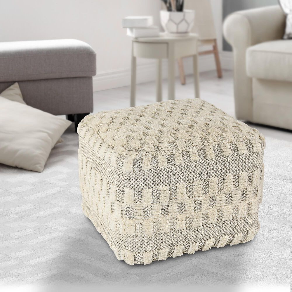 LR Home 18" Square Checkered Pouf in Black and Natural, , large