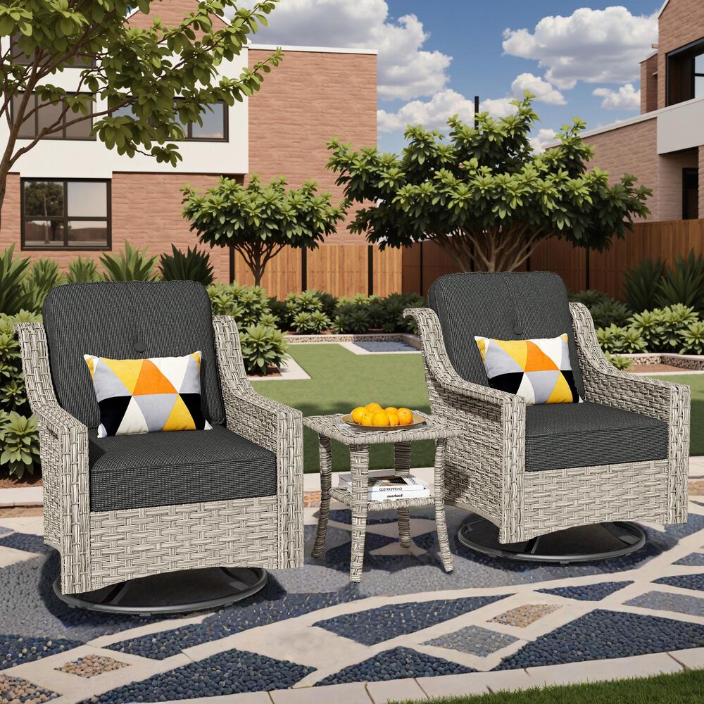 HOMLUX 3-Piece Outdoor Swivel Rocking Chair Set and Side Table in Black, , large