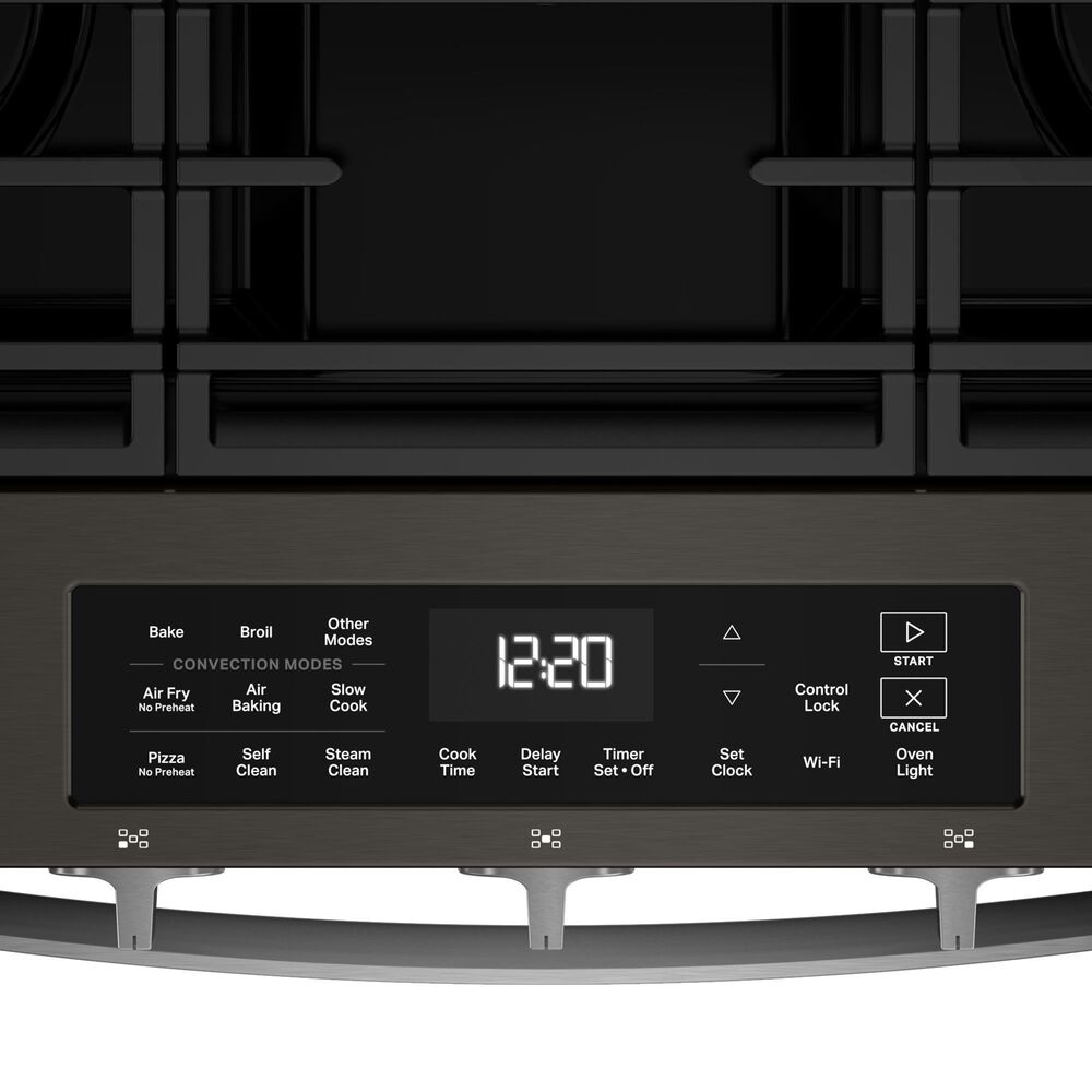 Whirlpool 2-Piece Kitchen Package with Black Stainless 5 Cu. Ft. Smart Gas Range and Fingerprint Resistant Stainless Steel 1.1 Cu. Ft. Flush Mount Microwave, , large