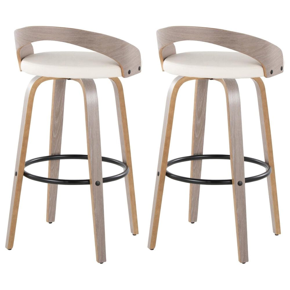 LumiSource Grotto 30" Swivel Barstool with White Faux Leather Upholstery in Light Grey and Black (Set of 2), , large
