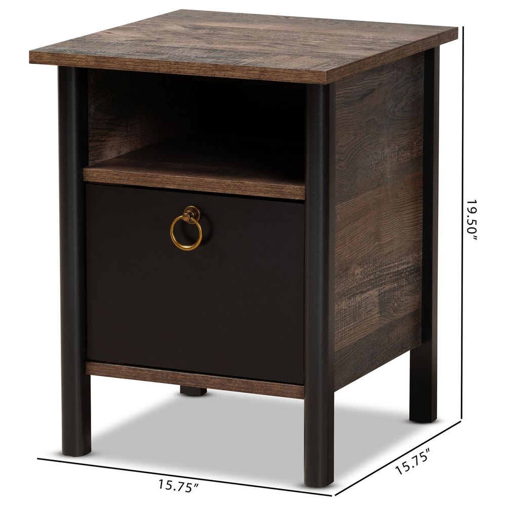 Baxton Studio Vaughan 1-Door Nightstand in Dark Brown, Rustic Brown and Black, , large