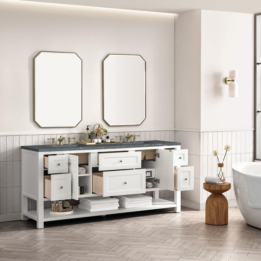 James Martin Vanities Breckenridge 72&quot; Double Bathroom Vanity in Bright White with 3 cm Parisien Bleu Quartz Top and Rectangular Sinks, , large