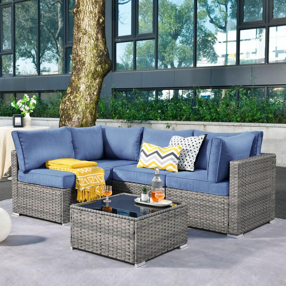HOMLUX 5-Piece Patio Conversation Set with Grey Wicker in Denim Blue, , large