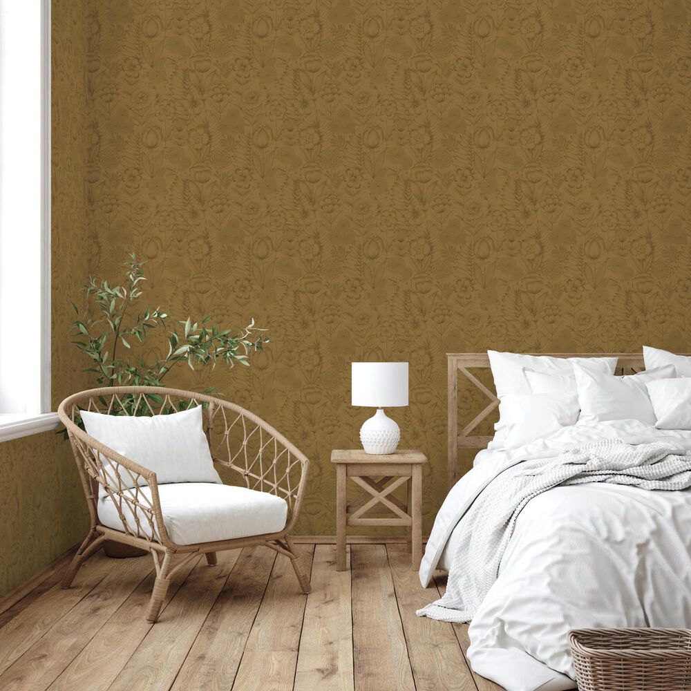 Tempaper Homestead Floral 198&quot; x 20.5&quot; Peel and Stick Wallpaper in Metallic Marigold, , large