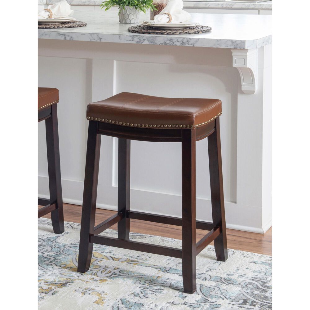 Linon Home Decor Claridge Counter Stool with Cognac Cushion in Dark Brown, , large