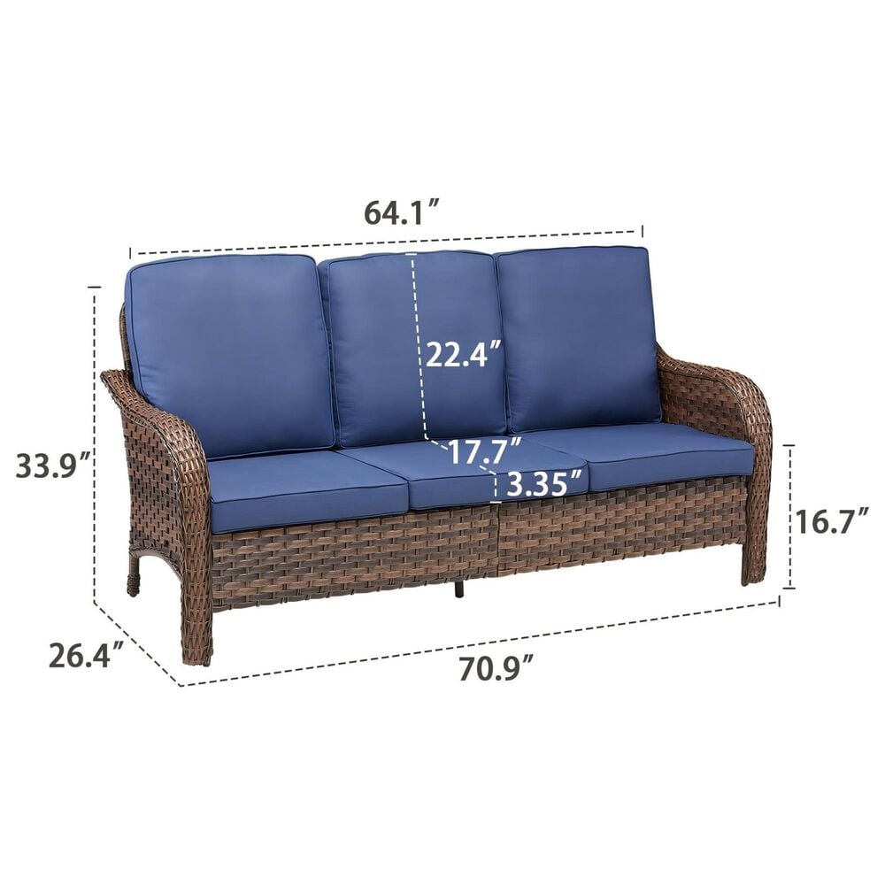 Sunwell Garden 34"H 3-Seater Outdoor Sofa with Curved Armrests and Navy Cushions in Brown, , large