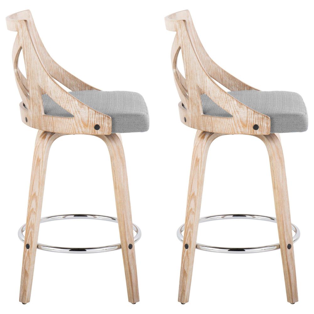 LumiSource Charlotte Swivel Counter Stool with Light Grey Fabric Upholstery in Whitewashed and Chrome (Set of 2), , large