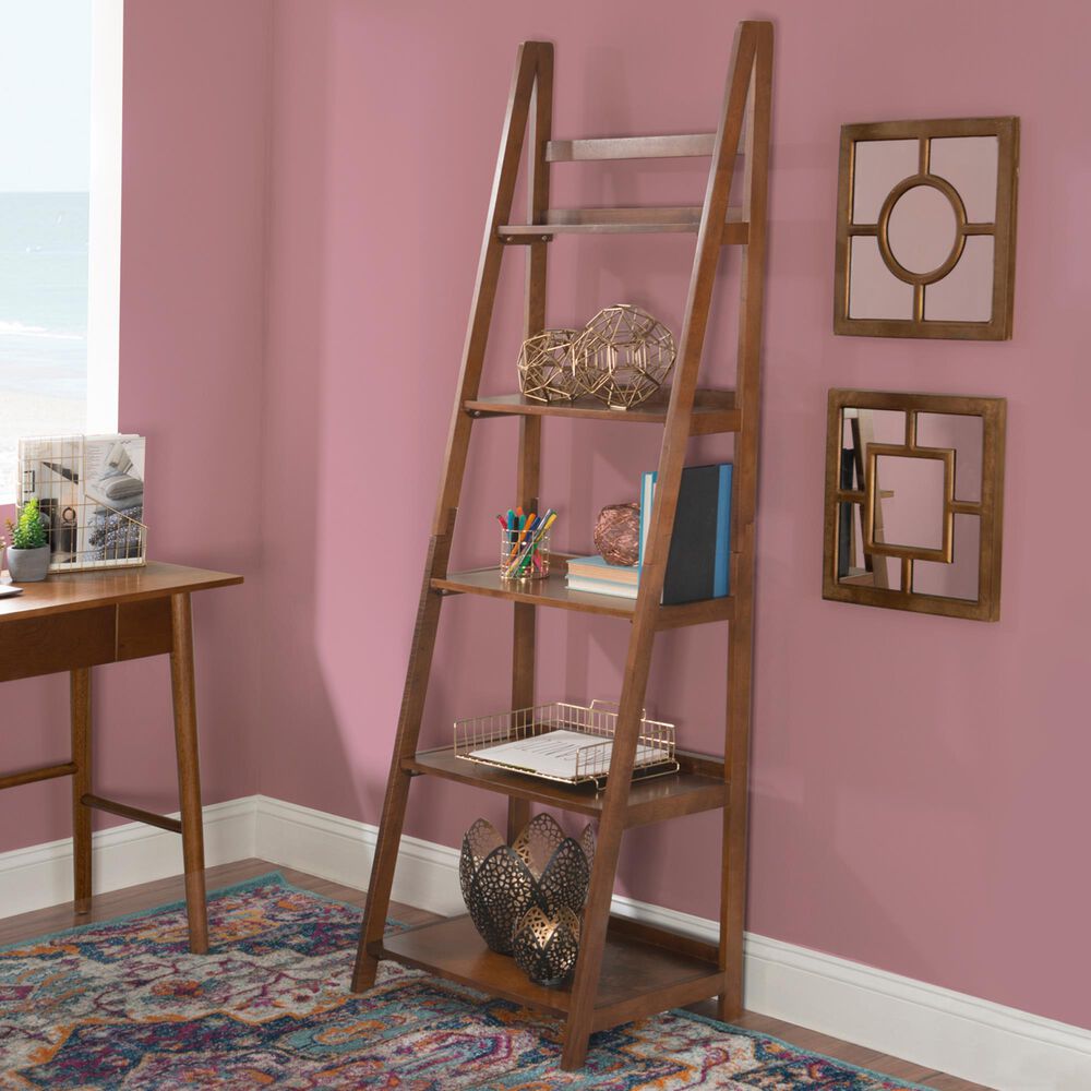 Linon Home Decor Charlotte 5-Shelf Ladder Bookcase in Warm Walnut, , large