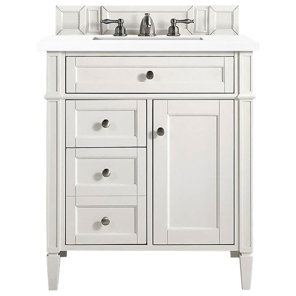 James Martin Brittany 30" Single Bathroom Vanity in Bright White with 3 cm White Zeus Quartz Top and Rectangular Sink, , large