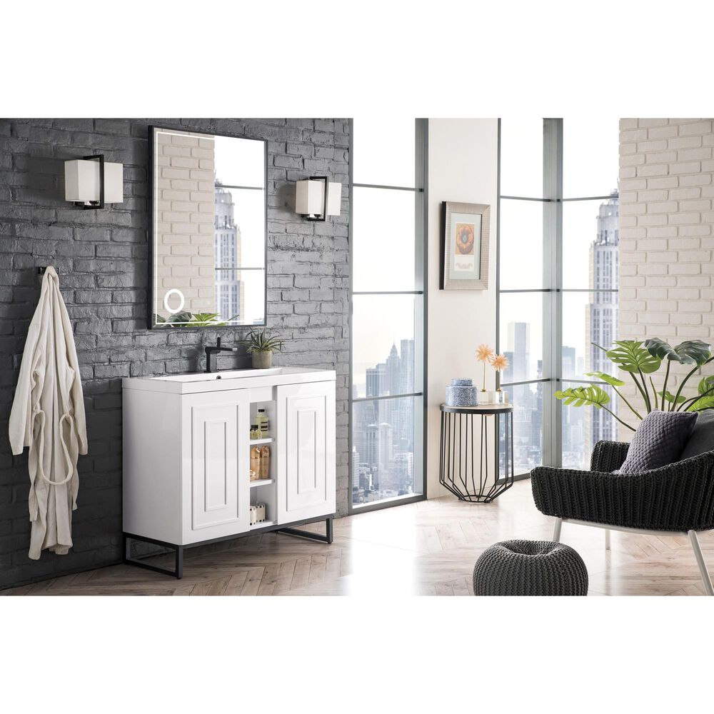 James Martin Vanities Alicante 39.5&quot; Single Bathroom Vanity in Glossy White and Matte Black with 5 cm White Glossy Resin Top and Rectangular Sink, , large