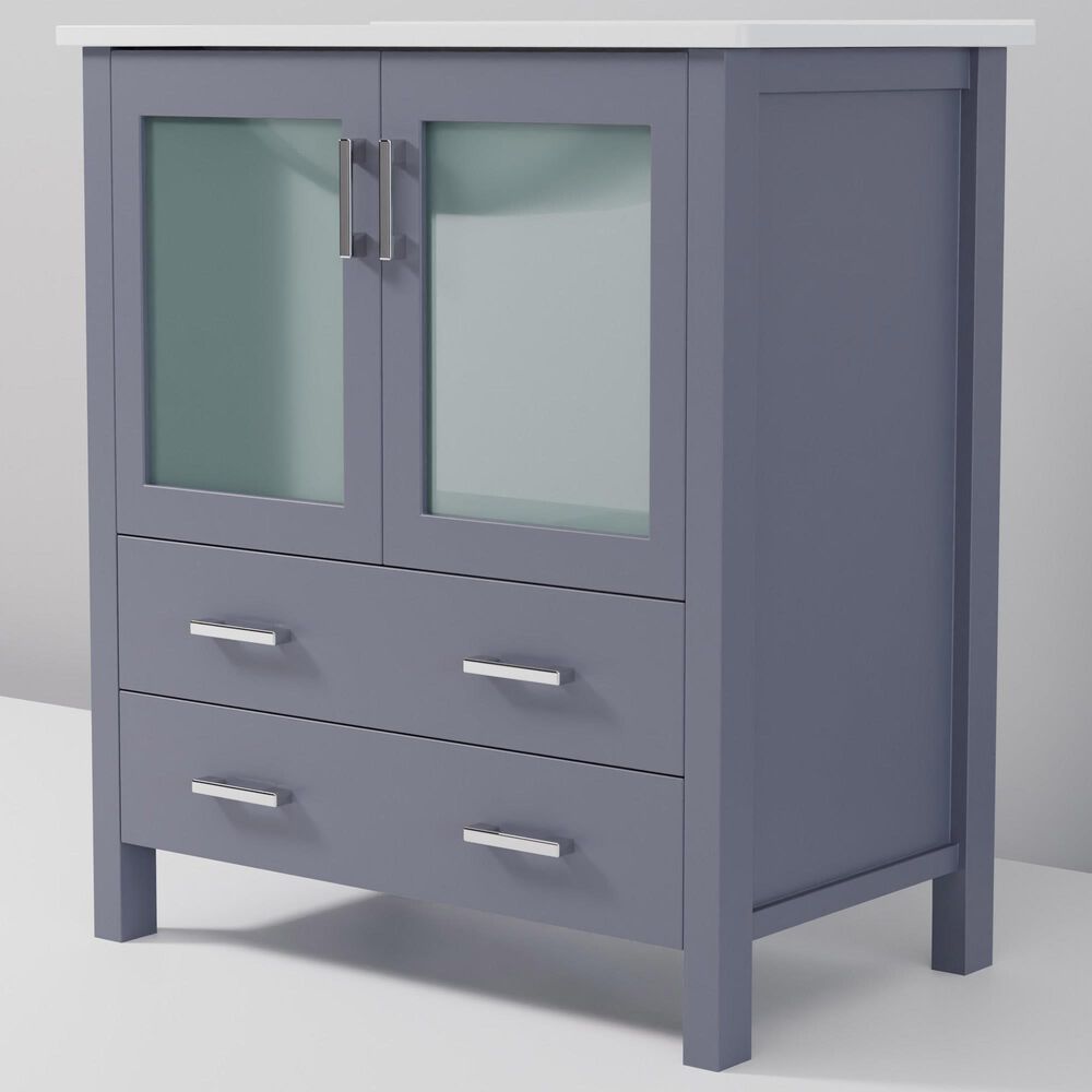 Lexora Home Volez 30&quot; Single Bathroom Vanity in Dark Grey with 2 cm White Ceramic Top and Rectangular Sink, , large
