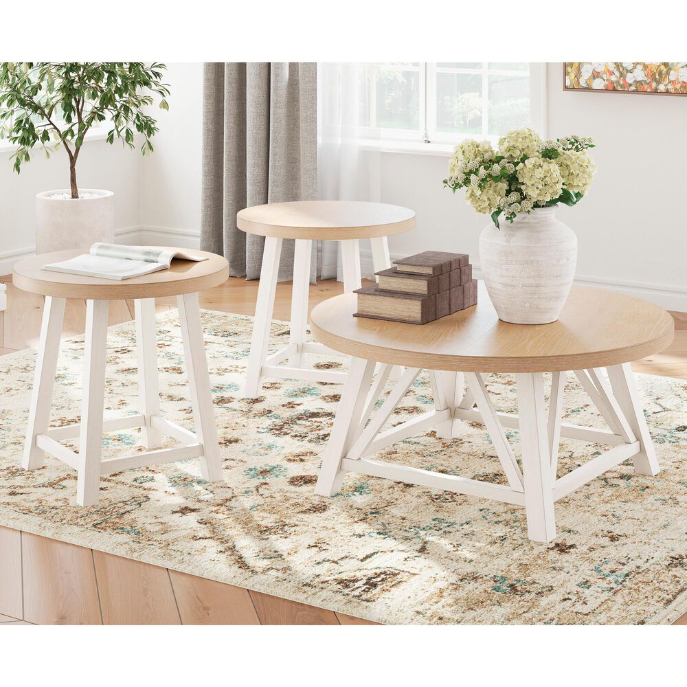 Ashley Fawndell 3-Piece Occasional Table Set in Antiqued White and Light Brown, , large