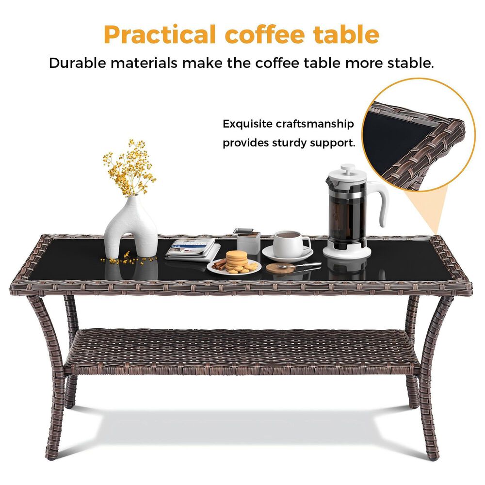 Sunwell Garden 41" Patio Rectangular Coffee Table with Glass Top in Brown, , large