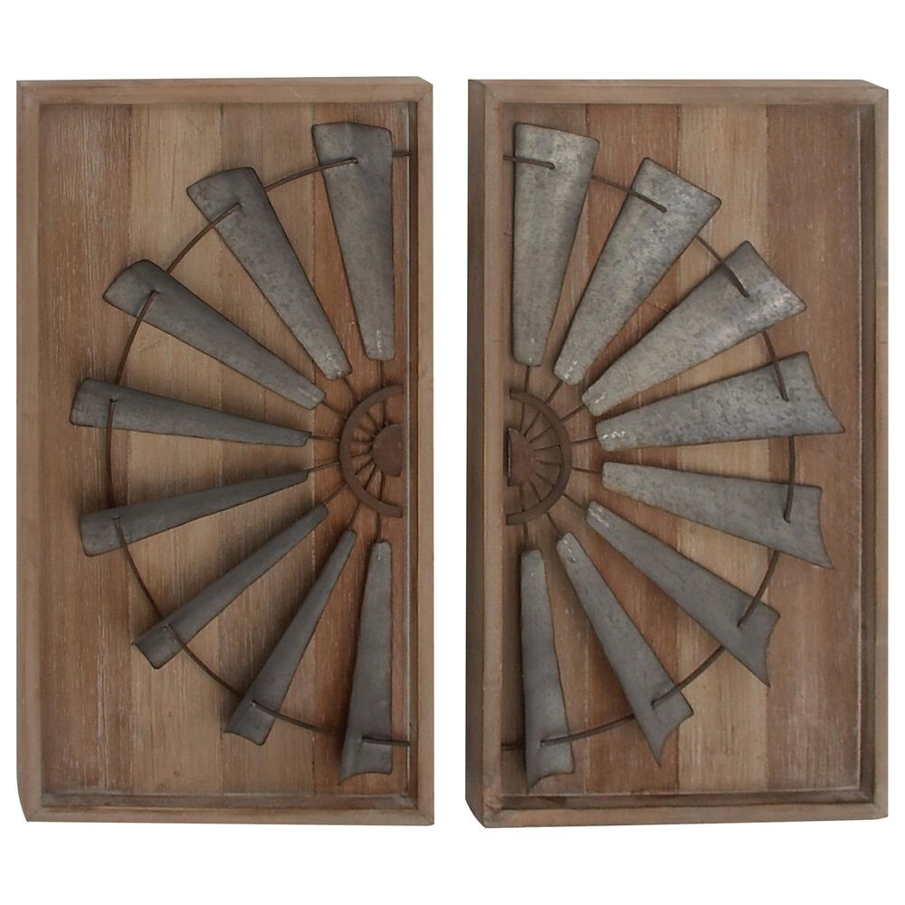 Maple and Jade 31" x 17" Farmhouse Windmill Wall Decor in Grey and Brown (Set of 2), , large