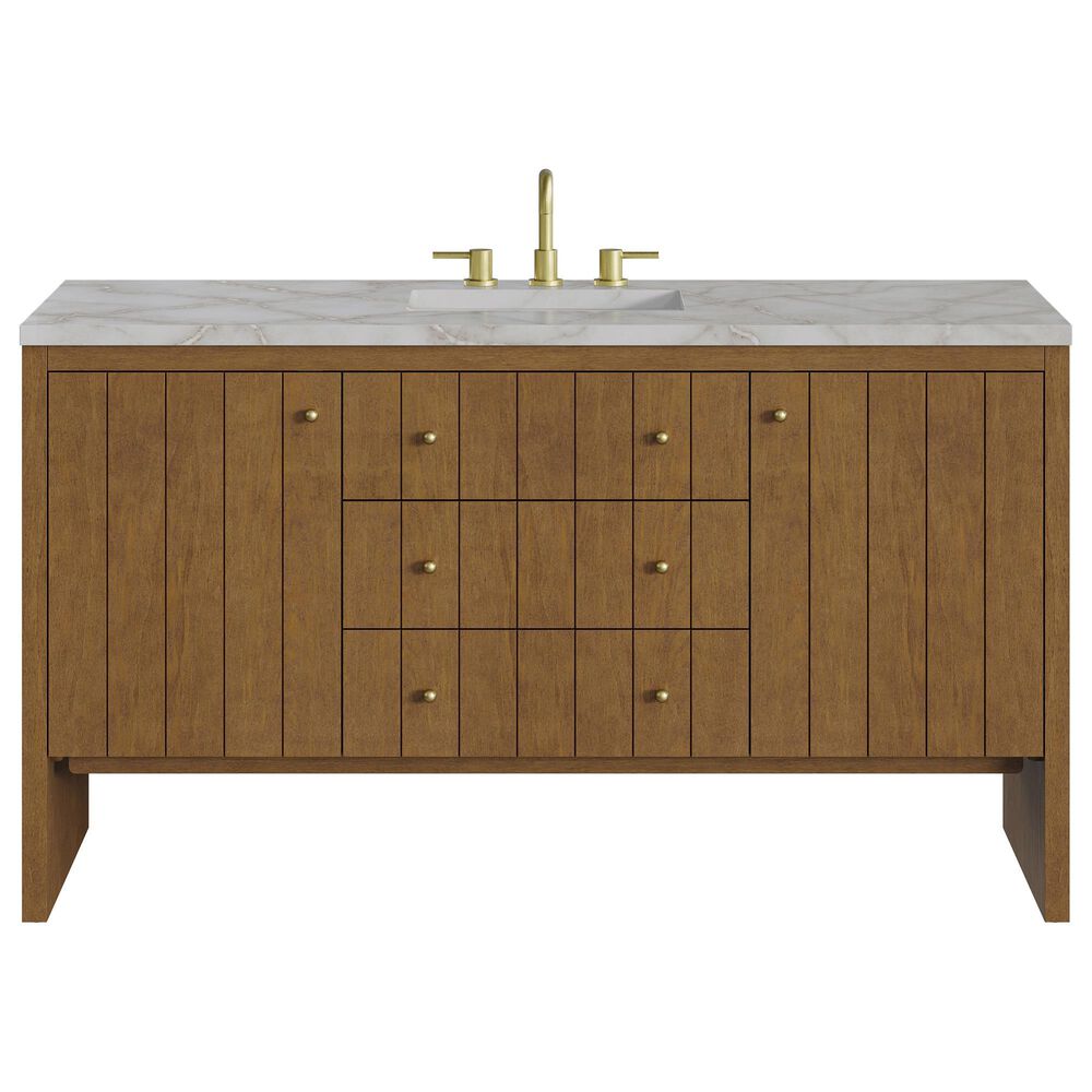 James Martin Hudson 60" Single Bathroom Vanity in Honey Oak with 3 cm Victorian Silver Silestone Top, Rectangular Sink and FreePower Wireless Charger, , large