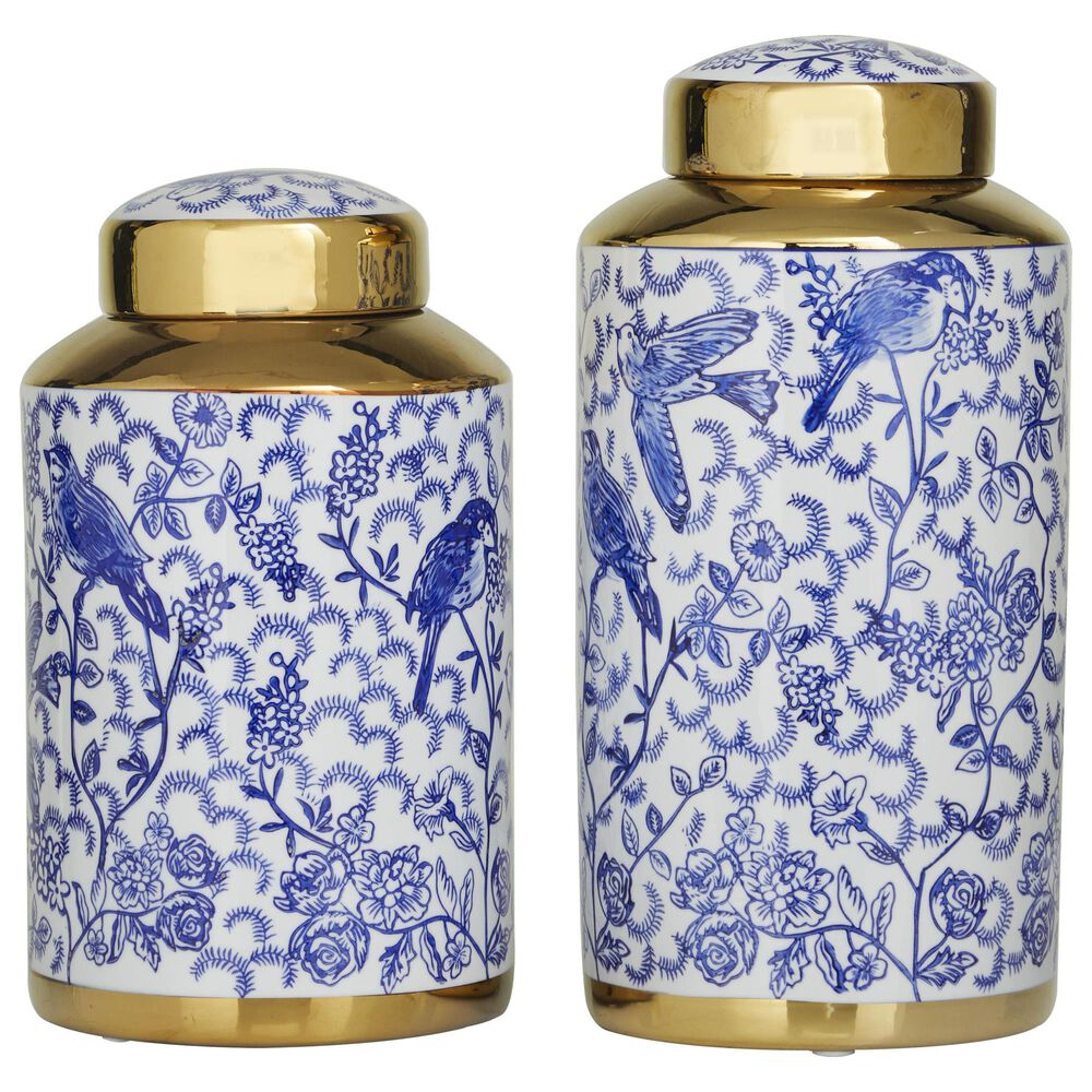 Maple and Jade 2-Piece Jar Set with Floral Accents in White, Blue and Gold, , large