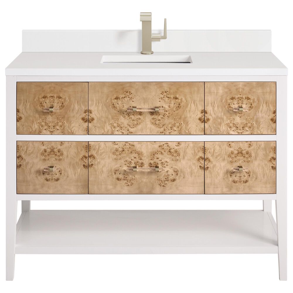 James Martin Vanities Olena 36&quot; Single Vanity in Light Mappa Burl and Polished White with Single Hole 3 cm White Zeus Quartz Top &amp; Backsplash, , large