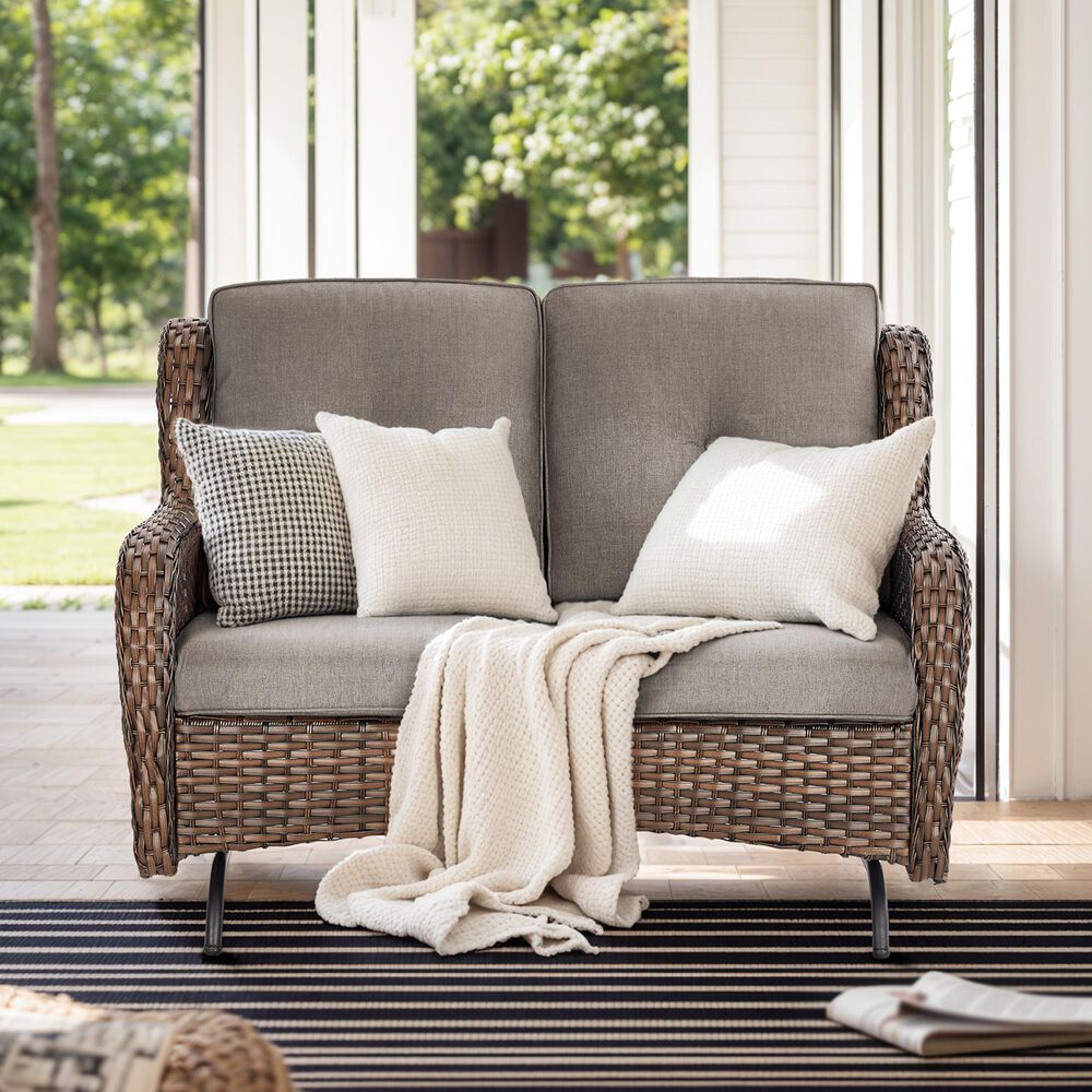 Sunwell Garden Outdoor Glider Loveseat with Brown Rattan in Gray, , large