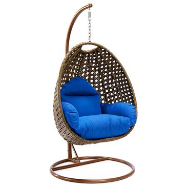Leisuremod 41" Patio Hanging Egg Swing Chair with Blue Cushion in Beige, , large