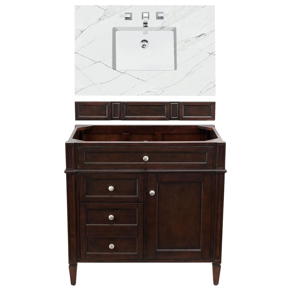 James Martin Vanities Brittany 36" Single Bathroom Vanity in Burnished Mahogany with 3 cm Ethereal Noctis Quartz Top and Rectangle Sink, , large