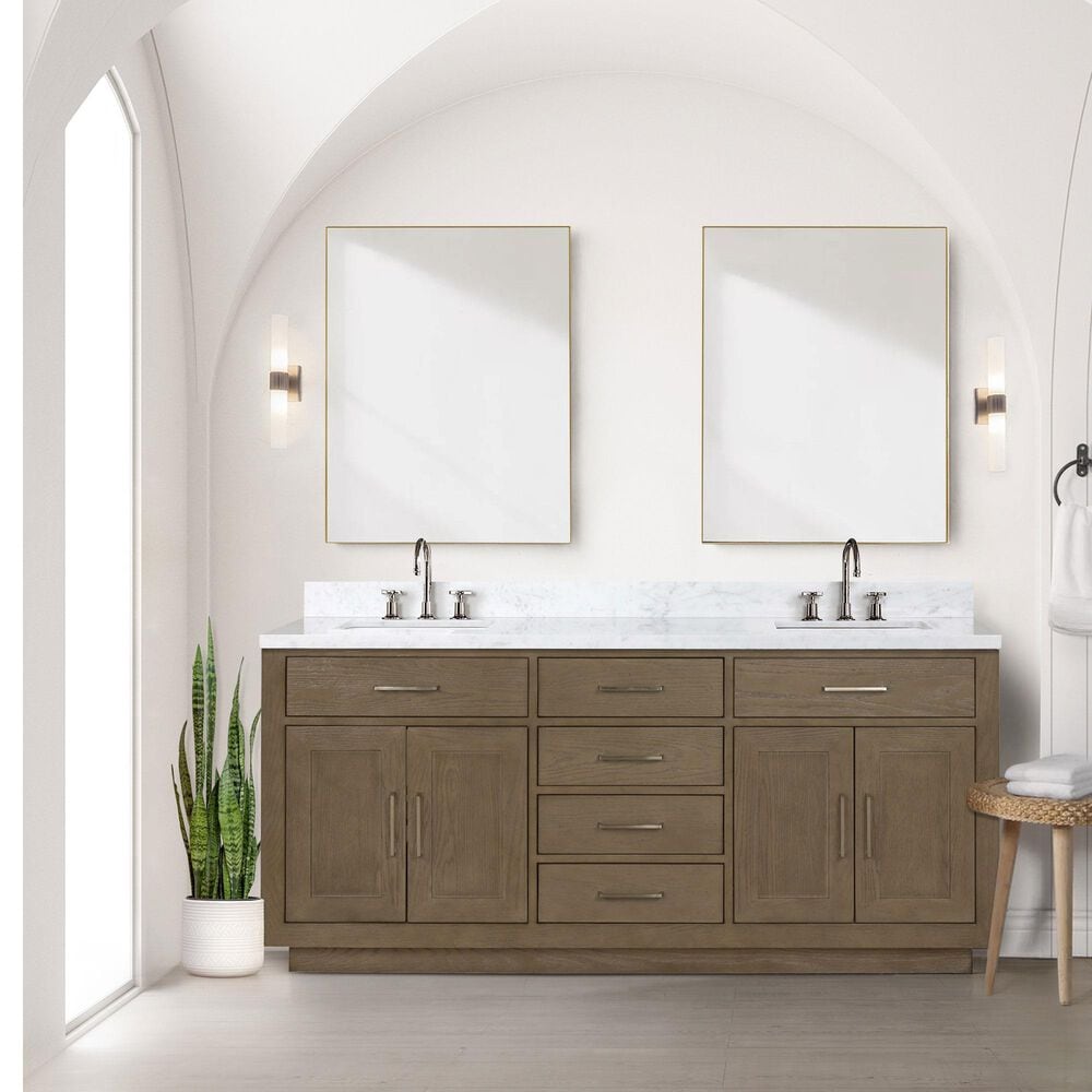 Lexora Home Abbey 72&quot; Double Bathroom Vanity in Grey Oak with 2 cm White Carrara Marble Top and Rectangular Sinks, , large