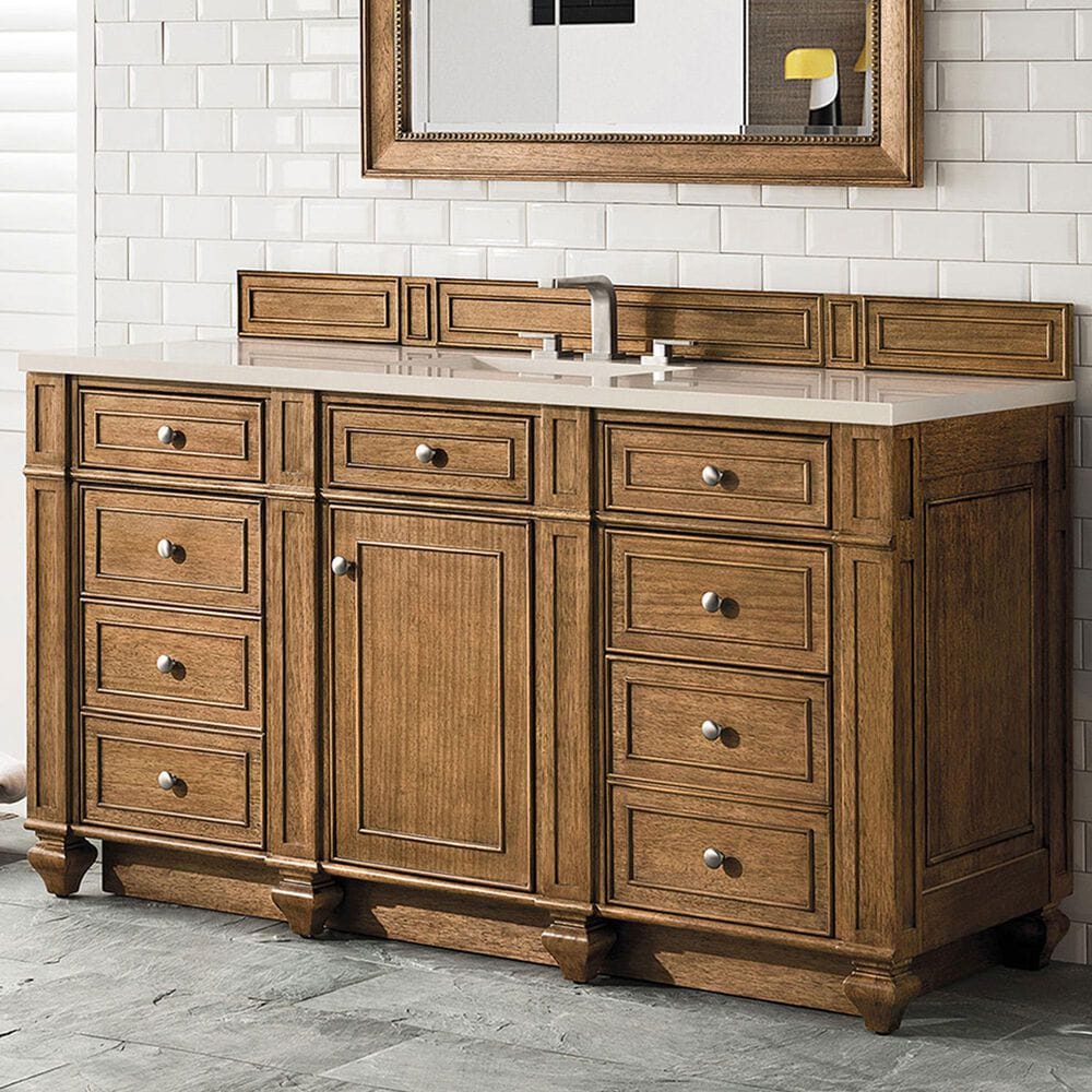 James Martin Vanities Bristol 60&quot; Single Bathroom Vanity in Saddle Brown with 3 cm Eternal Marfil Quartz Top and Rectangular Sink, , large