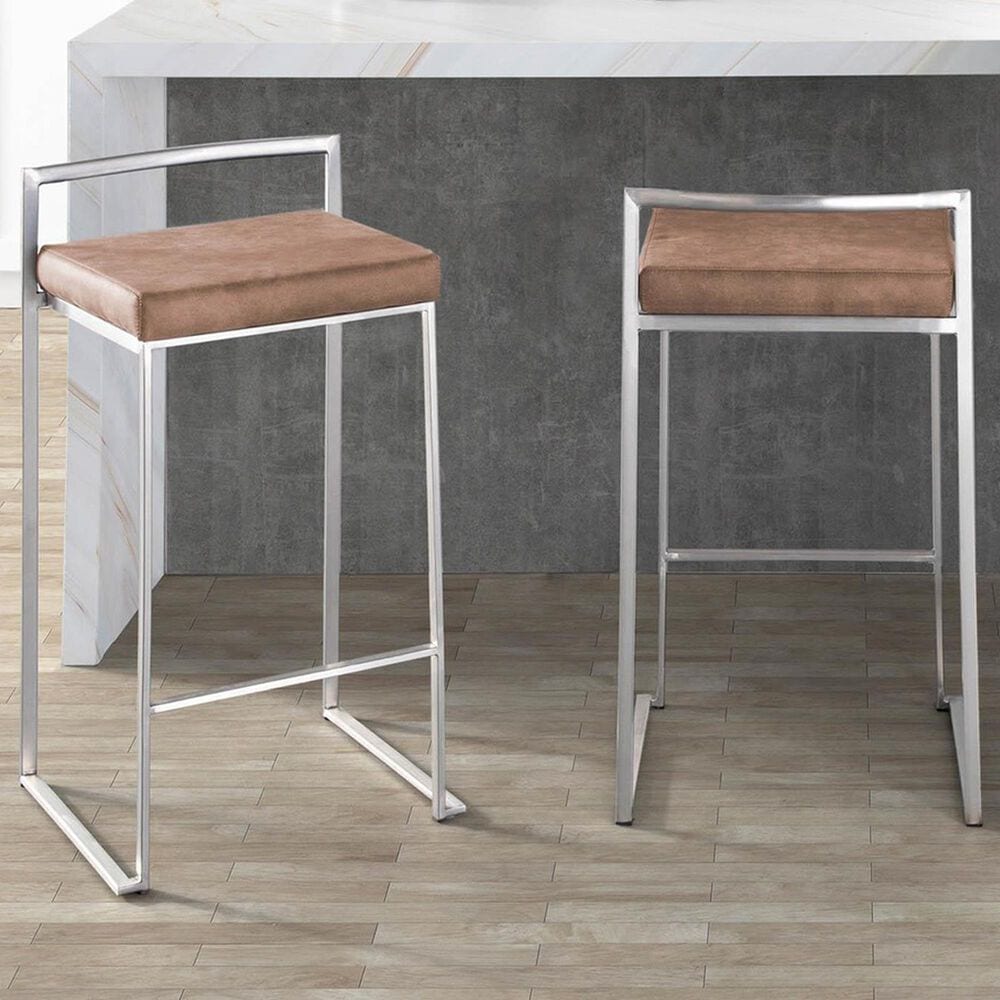 LumiSource Fuji 30" Stacker Bar Stool with Brown Cowboy Upholstery in Stainless Steel (Set of 2), , large