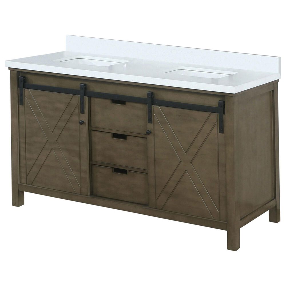 Lexora Home Marsyas 60&quot; Double Bathroom Vanity in Rustic Brown with White Quartz Top and Rectangular Sinks, , large