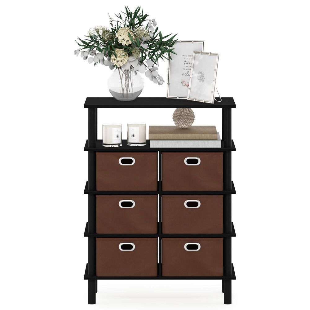 HOMLUX 5-Tier Modern Storage Bookshelf with 6 Storage Bins in Black Oak, , large