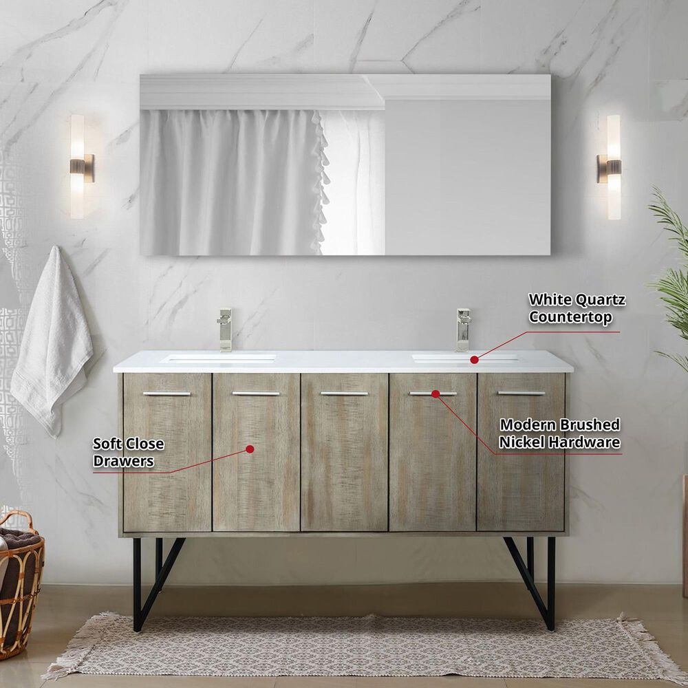 Lexora Home Lancy 60&quot; Double Bathroom Vanity in Rustic Acacia with 2 cm White Quartz Top and Rectangular Sinks, , large