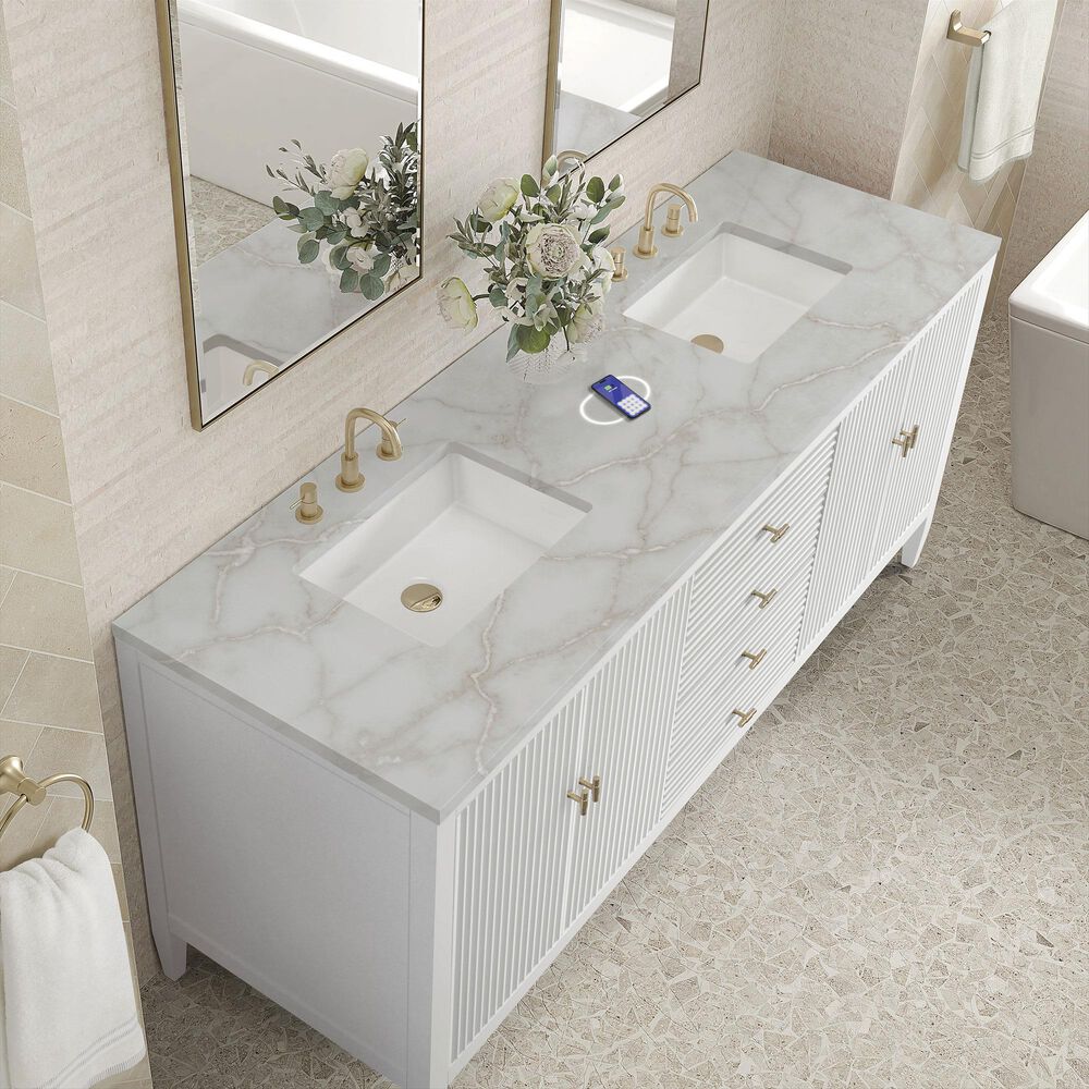 James Martin Vanities Myrrin 72" Double Bathroom Vanity in Bright White with 3 cm Eternal Jasmine Pearl Silestone Top, Rectangular Sinks and FreePower Wireless Charger, , large