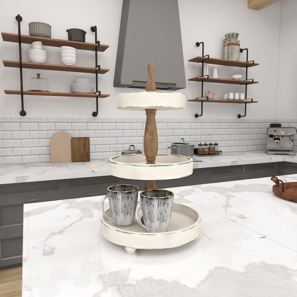 Maple and Jade Farmhouse Tiered Server in Distressed White and Dark Mocha, , large
