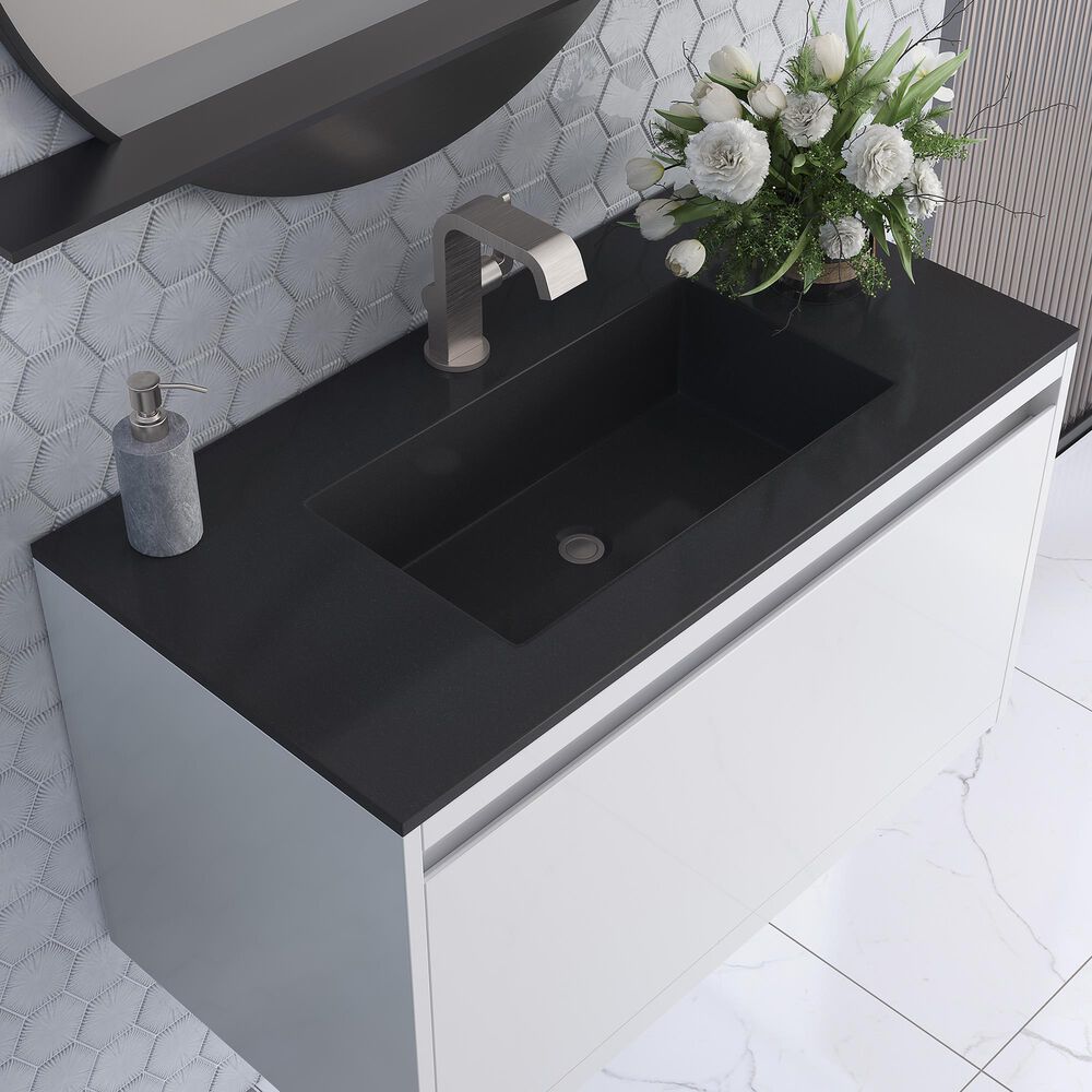 James Martin Mantova 35.4&quot; Single Mounted Bathroom Vanity in Glossy White with 2 cm Charcoal Black Resin Countertop and Rectangular Sink, , large