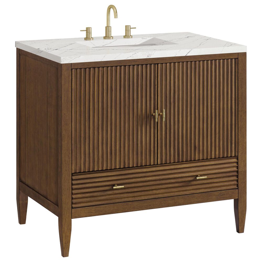 James Martin Vanities Myrrin 36" Vanity in Mid-Century Walnut with 3 cm Ethereal Noctis Quartz Top, , large