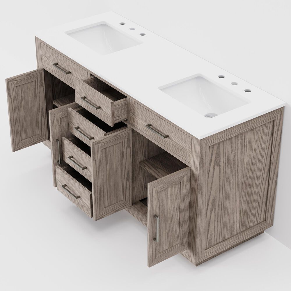 Lexora Home Abbey 60" Double Bathroom Vanity in Grey Oak with 2 cm White Quartz Top and Rectangular Sinks, , large
