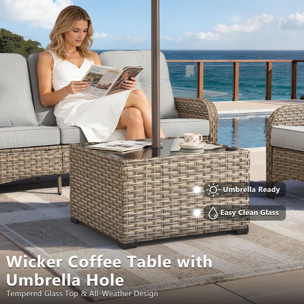 HOMLUX Outdoor Wicker Square Coffee Table with Umbrella Hole in Brown, , large